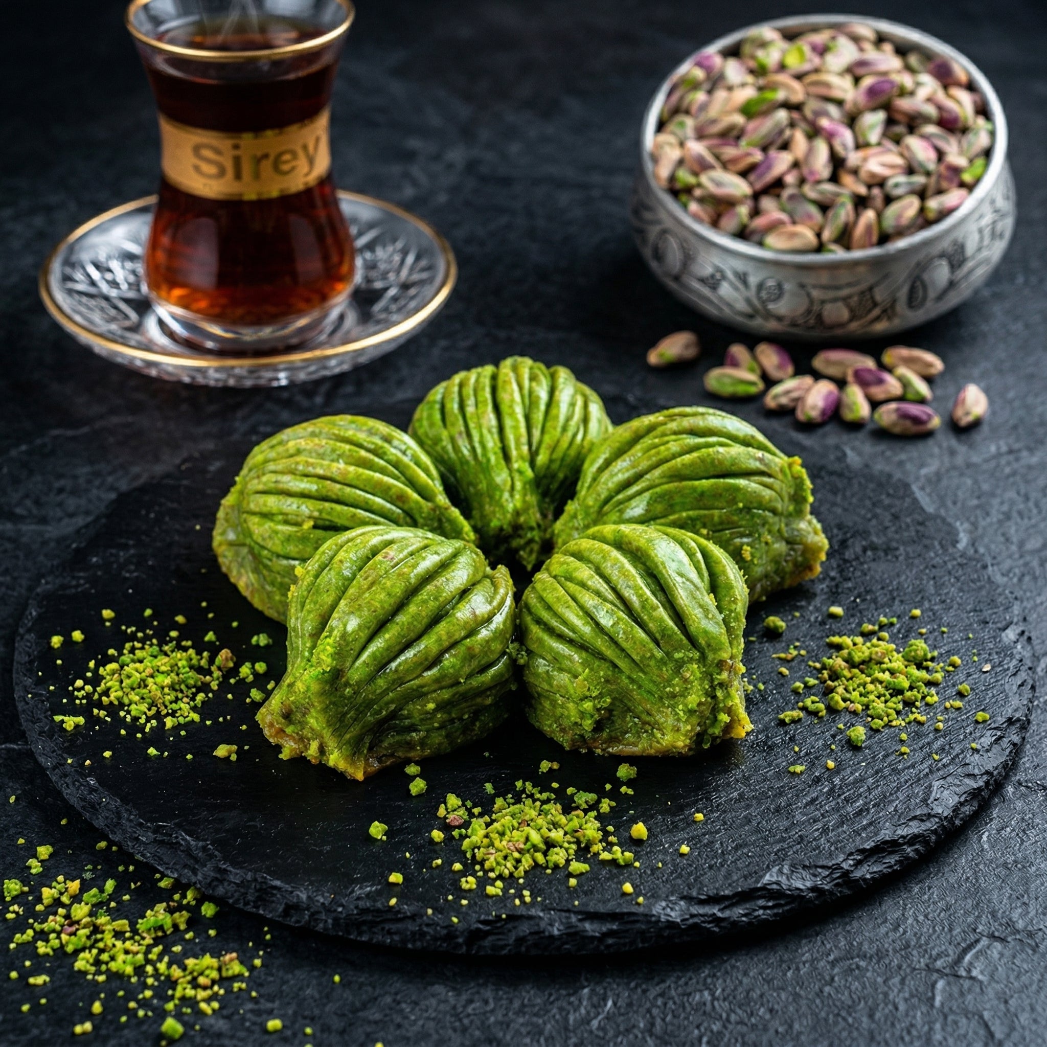 Yoğun Antep fıstıklı yeşil midye baklava — gerçek fıstığın doğal yeşili