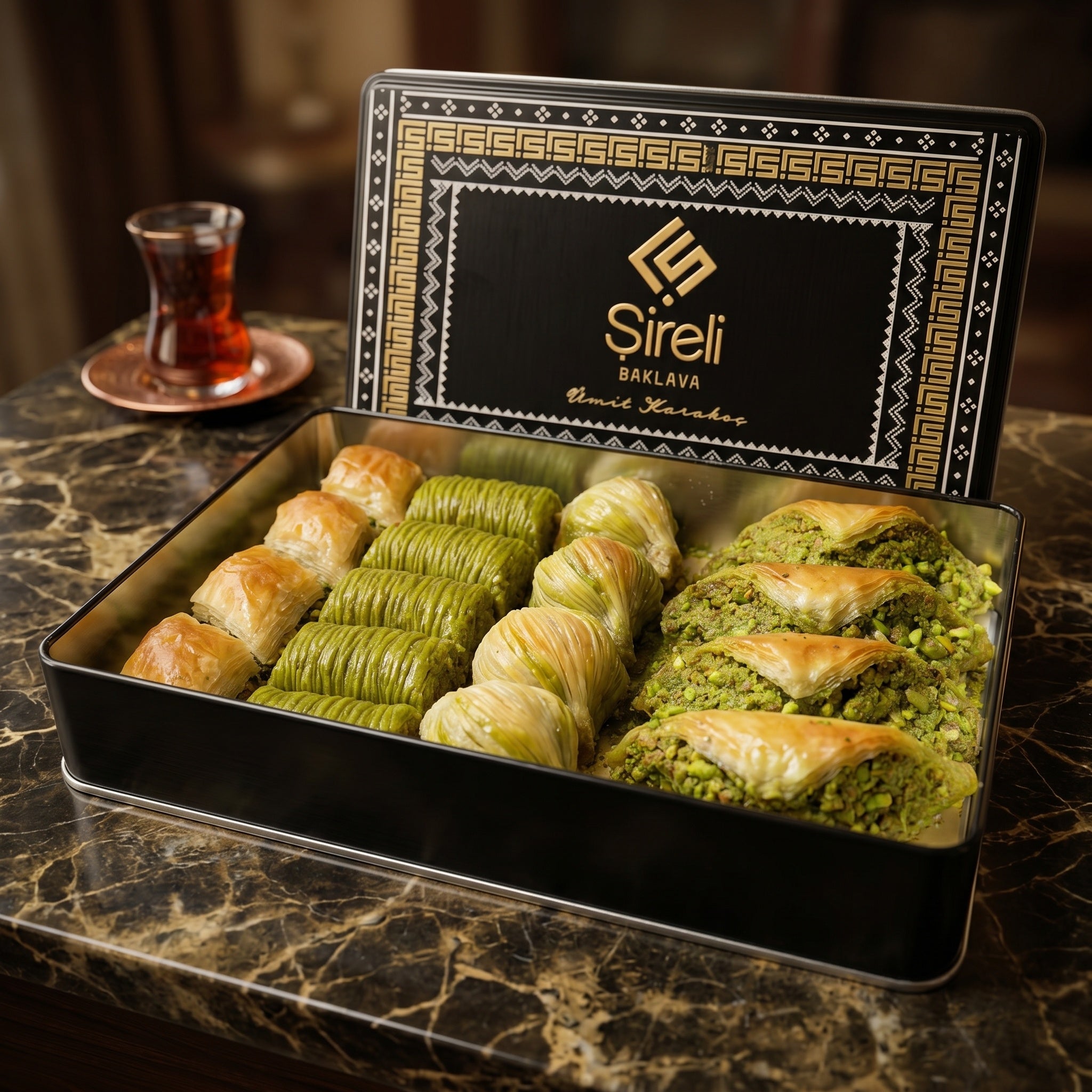 Şireli premium metal kutuda baklava — tazeliği koruyan özel ambalaj